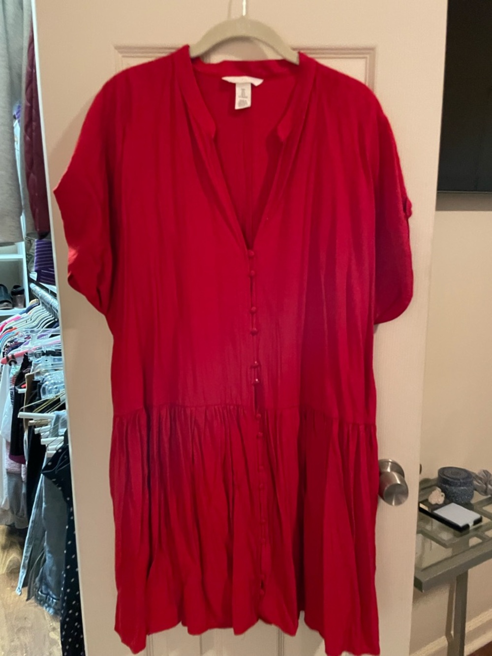 H&M Bright Red Button-Front Tiered Dress